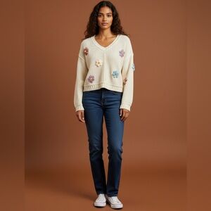 POL oversized chunky knit cream floral V-neck sweater colorful 3D crochet flower